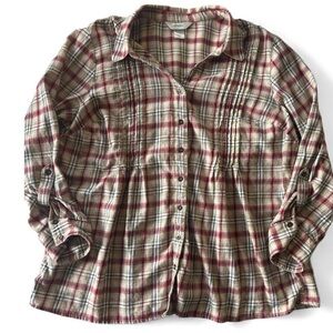 CJ Banks Plaid Flannel Pintuck Button Top Red Green Gold Holiday Cozy 1X